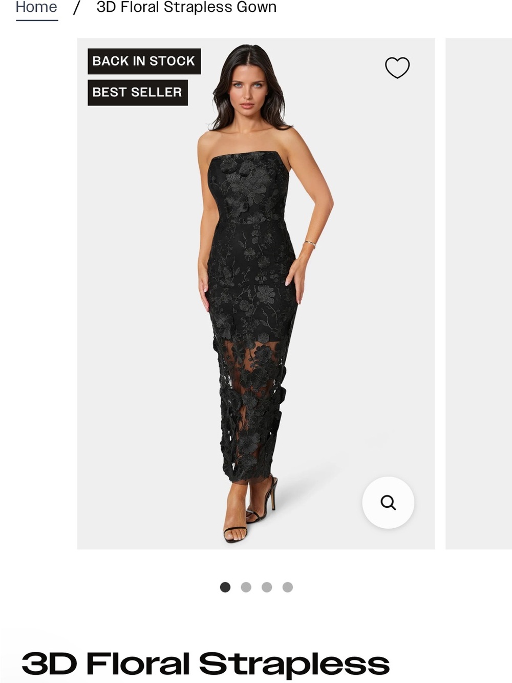 bebe Black Strapless 3D Floral Midi Dress
